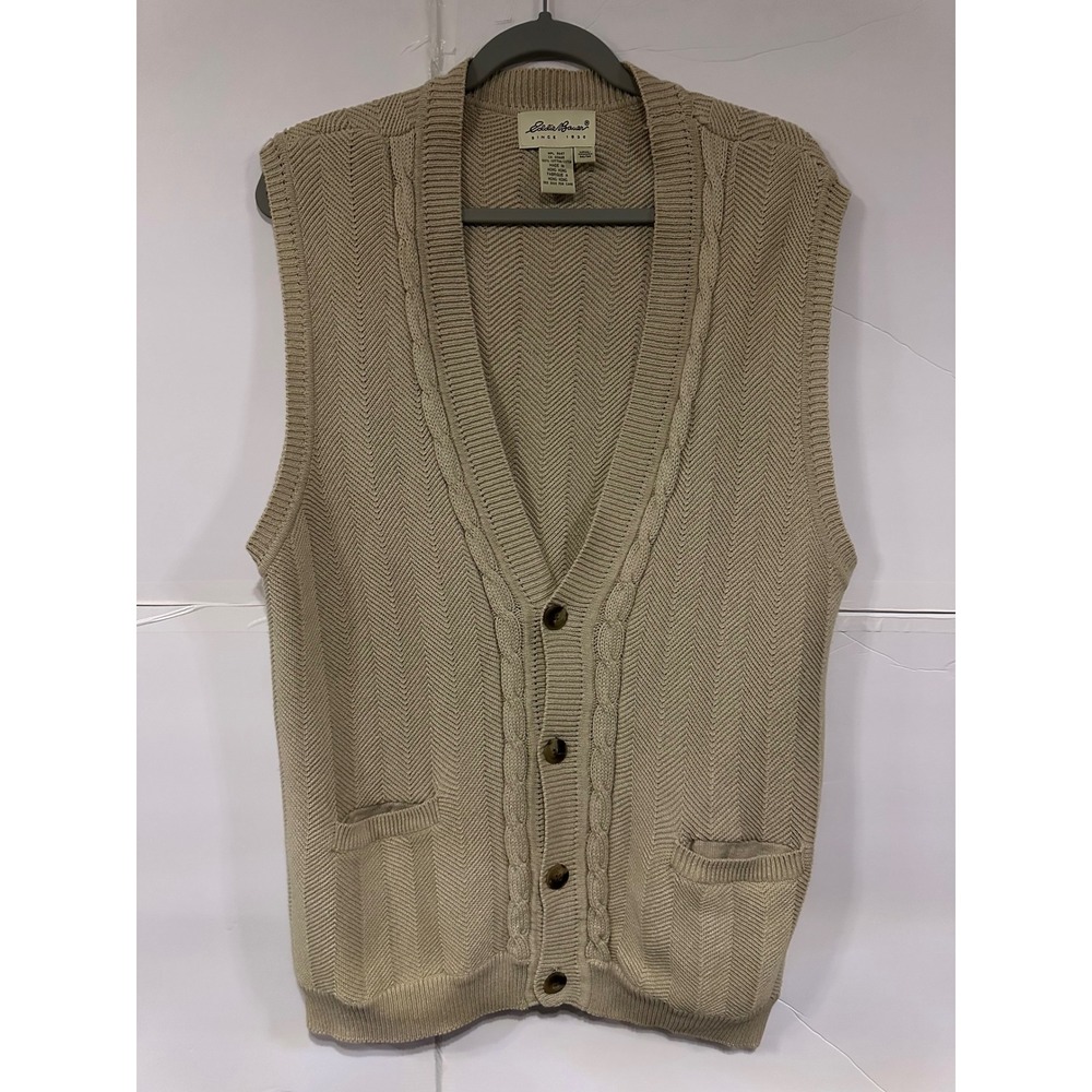 Eddie Bauer Mens M/M‎ Tan Herringbone Cable Knit V Neck Button Sweater Vest